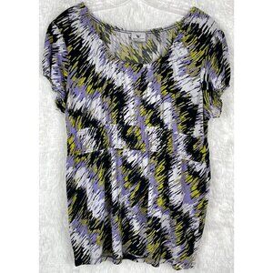 Worthington Womens Large Purple Black Yellow White ZigZag Elastic Short Sleeve